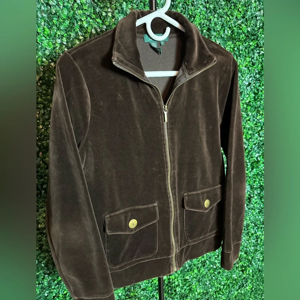 Lauren Ralph Lauren Women’s Brown Velour Full Zip Jacket Size Medium - Picture 2 of 7